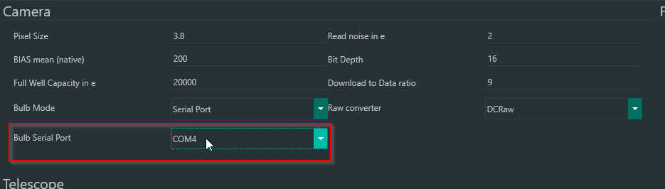 N.I.N.A. Serial Port Settings