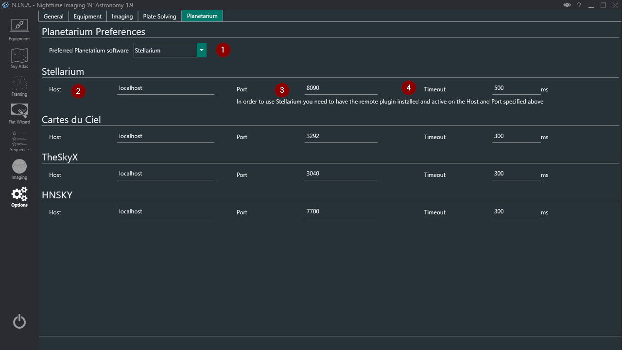 The planetarium options tab